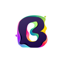 B letter logo with hologram glitch. Multicolor gradient sign with color shift and illusion effect.