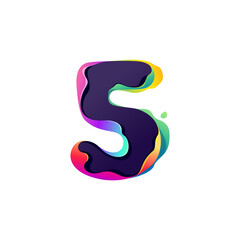 Number five logo with hologram glitch. Multicolor gradient sign with color shift effect.