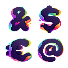 Dollar, euro, ampersand, and at signs with hologram glitch. Multicolor gradient icons.