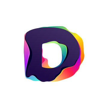 D letter logo with hologram glitch. Multicolor gradient sign with color shift and illusion effect.