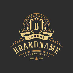 Luxury logo template vector object for logotype or badge design. Trendy vintage royal style illustration, good for fashion boutique, alcohol or hotel brand