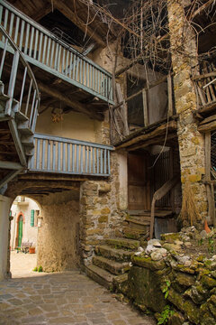 An historic disused residential building in Poffabro, a medieval village in the Val Colvera valley in Pordenone province, Friuli-Venezia Giulia, north east Italy
