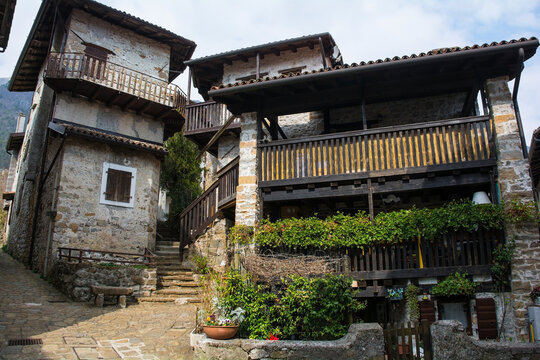 Historic residential buildings in Poffabro, a medieval village in the Val Colvera valley in Pordenone province, Friuli-Venezia Giulia, north east Italy
