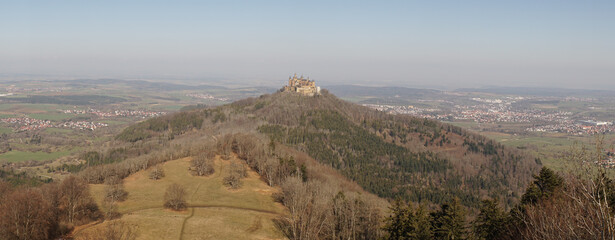 Hohenzollern Castle sitting on top of a hill near the Albsteig hiking trail in Baden-W&uuml;rttemberg state of Germany.