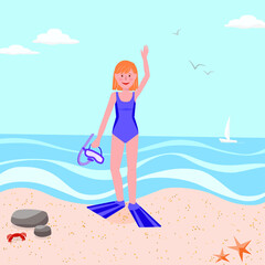 Obraz na płótnie Canvas Joyful girl in flippers on a sand beach with blue sea, yacht and seagulls in the sky on the background. Vector illustration.