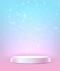 3d realistic vector icon background. Pink blue wall with stars and white round stage for ad, web and brand flyers and banners.