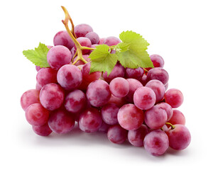 Grape isolated. Bunch of pink grape with leaves on white background. Violet red grape with clipping...