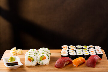 Sushi variety on a table for tasting