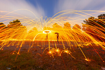 Burning Steel Wool spinning. Showers of glowing sparks from spinning steel wool - Powered by Adobe