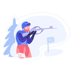 Biathlete sportsman flat modern vector illustration. Biathlete aiming in standing position shooting