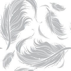 Feather seamless pattern. Decorative ornate silver feathers on white background. Monochrome vector illustration for fashion textile, wrapping paper