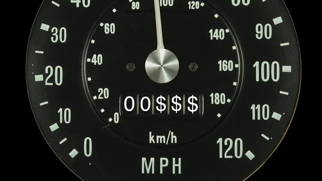 Vehicle speedometer showing increasing speed with the odometer displaying increasing transport vehicle fuel snd oil costs in dollars. Rising energy costs. Rising energy costs.