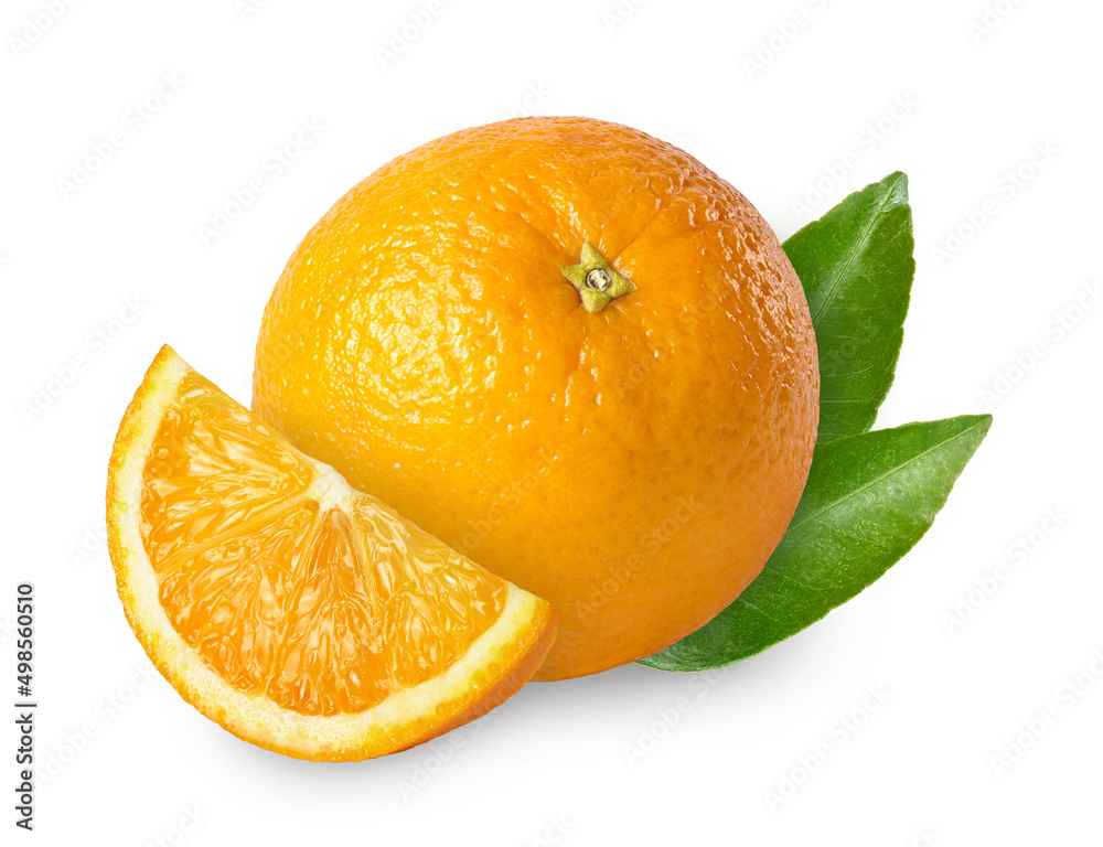 Wall mural orange with leaf isolated on white background. juicy ripe orange fruit. - Wall murals