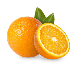 Fresh ripe orange isolated on white background. Orange fruit with green leaves.