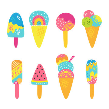 Summer bright set of various delicious ice cream including lolly ice, cones with different topping and fruit ice. Vector illustration of healthy food for takeout, bar, restaurant menu.Hand drawn style