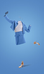 Creative portrait of invisible woman wearing modern business style blue outfit and heels using phone on blue background. Concept of fashion, style