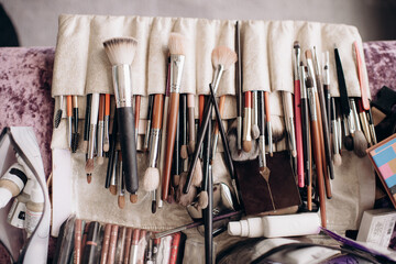 set of various brushes and tools for professional makeup