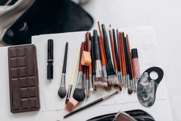 set of various brushes and tools for professional makeup