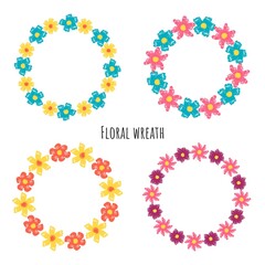 Set of circle brush strokes, hand drawn frame with a wreath of flowers. Vector illustration