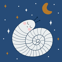 Cute snail character is sleeping on the background of the starry sky. Square postcard, poster, decoration of a children's room and clothes. Minimalistic design on a blue background.