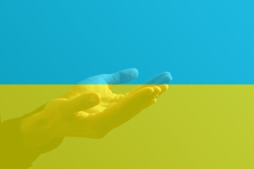 Flag Ukraine with woman praying and worshiping hands in worship to GOD on flag background, folded hands in prayer concept for faith, spirituality and religion, hands raised in worship background.
