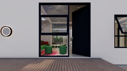 living room view from outdoor with large window  white wall and wood door  3d illustration