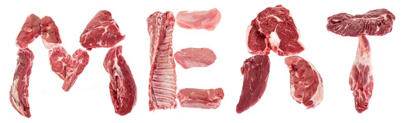 Word made up of different meat pieces 