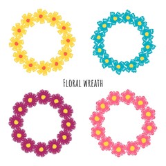 Set of circle brush strokes, hand drawn frame with a wreath of flowers. Vector illustration