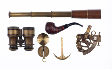 sextant, spyglass and nautical accessories