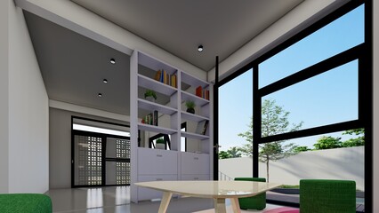 Modern minimalistic and bright living room in shades of white with sofa book case 3d illustration