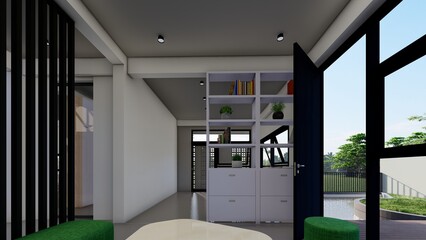 Fototapeta na wymiar Modern style interior in white with bookshelf stylish futniture 3d illustration