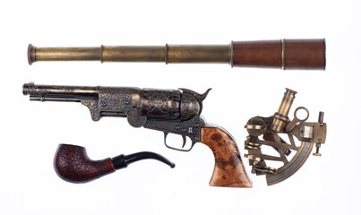sextant, spyglass and sea accessories