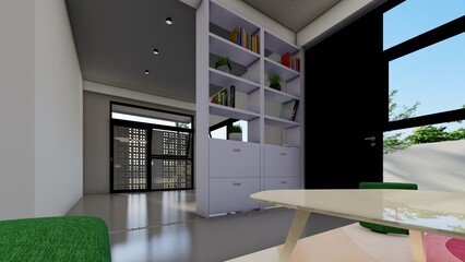 White wooden bookcase home setting 3d illustration