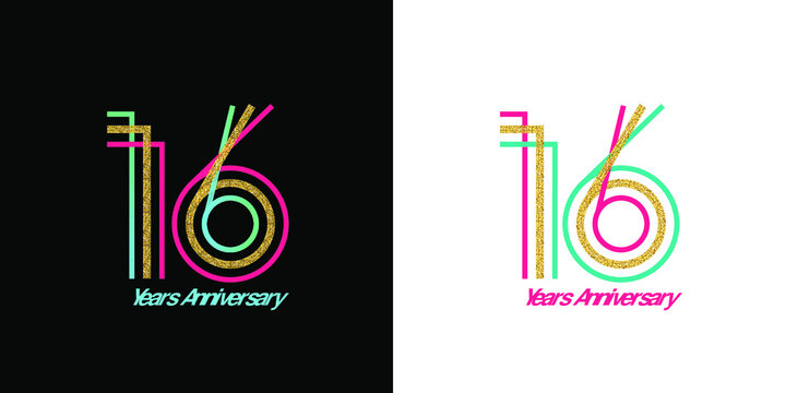Elegant 16th anniversary logo template made from bright ribbons. Option on a dark and light background. Text in a vector file is easy to edit.