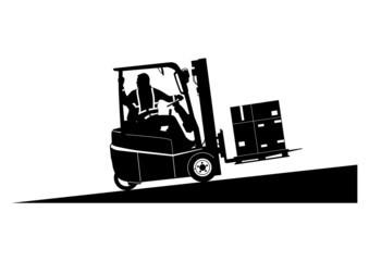 Silhouette of loaded forklift traveling on a slope. Vector. © norsob