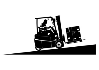 Silhouette of loaded forklift traveling on a slope. Vector. © norsob