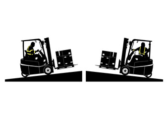 Silhouette of loaded forklift traveling on a slope. Vector.