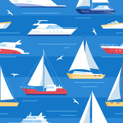 Maritime ships. Vector seamless pattern of ship at sea, sailboats, speedboat, yacht, sailboat, cruiser. Water ocean transport boat in flat style. Sea marine travel background for fabric and textile