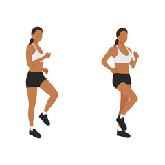 Woman doing march in place exercise. Flat vector illustration isolated on white background - obrazy, fototapety, plakaty