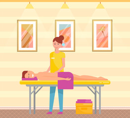 Masseuse working with back of client in spa salon. Heath and body treatment concept. Therapy and relaxation massage, cosmetic procedure performed by specialist. Medical back massage website template