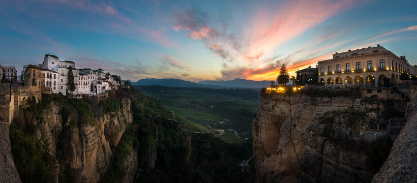 Bridge and houses on the edge of an abyss in the city of Rhonda, Spain