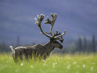 mountain caribou bull standing in swamp grass  © Wirestock Creators