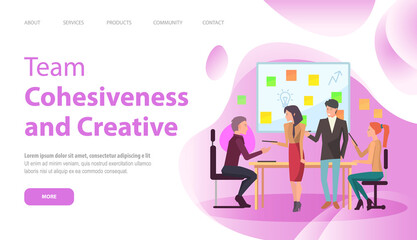 Team cohesiveness and creative website vector. Idea concept for successful business teamwork, creative innovation. Office workers develop plan, make new decision. Webpage template in flat style