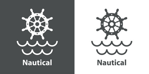 Logotipo con texto Nautical y silueta de timón de barco con olas en fondo gris y fondo blanco - obrazy, fototapety, plakaty