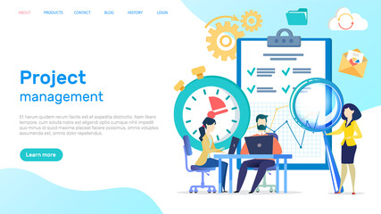 People analysing marketing strategy with magnifier. Analysis, brainstorm and teamwork concept. Website, webpage, landing page template. Colleagues work with creating business plan, project management