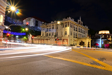 National History Museum of Malaysia with the light trails on illuminated streets at night - obrazy, fototapety, plakaty