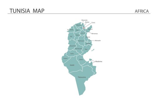 Tunisia map vector illustration on white background. Map have all province and mark the capital city of Tunisia.