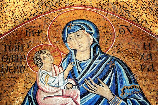 Mosaic showing Virgin Mary with Jesus Christ inside a Christian orthodox church, Greece, Athens, August 11 2020