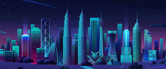 Cityscape with houses and buildings. Night scene of landscape with modern architecture. City street with houses, skyscrapers at night. Downtown, metropolis with residential buildings under starry sky