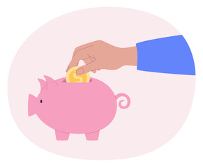 Hand dropping a coin into a piggy bank. Vector illustration of saving money concept.
